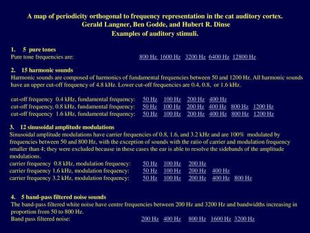 A map of periodicity orthogonal to frequency representation in the cat auditory cortex.  Gerald Langner, Ben Godde, and Hubert R. Dinse Examples of auditory.