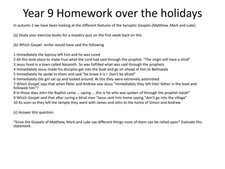 Year 9 Homework over the holidays