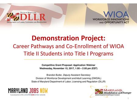 Demonstration Project: Career Pathways and Co-Enrollment of WIOA Title II Students into Title I Programs Competitive Grant Proposal: Application Webinar.