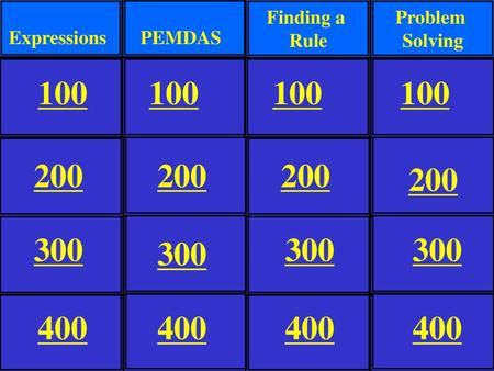 Expressions PEMDAS Finding a Rule Problem Solving 100 100 100 100 200