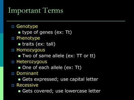 Important Terms Genotype type of genes (ex: Tt) Phenotype