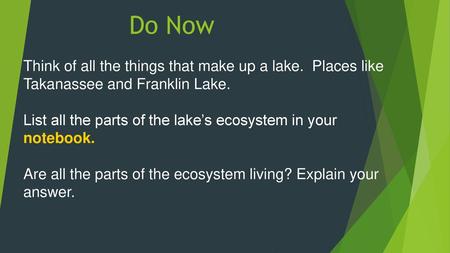 Do Now Think of all the things that make up a lake. Places like Takanassee and Franklin Lake. List all the parts of the lake’s ecosystem in your notebook.