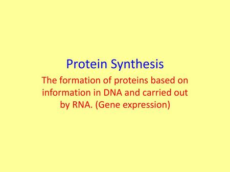 Protein Synthesis The formation of proteins based on information in DNA and carried out by RNA. (Gene expression)