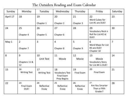 The Outsiders Reading and Exam Calendar