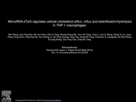 MicroRNA-27a/b regulates cellular cholesterol efflux, influx and esterification/hydrolysis in THP-1 macrophages  Min Zhang, Jian-Feng Wu, Wu-Jun Chen,