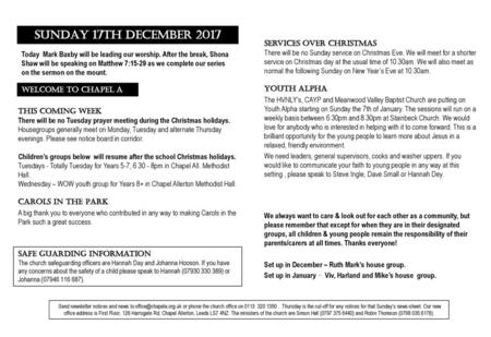 SUNDAY 17th December 2017 Services over Christmas