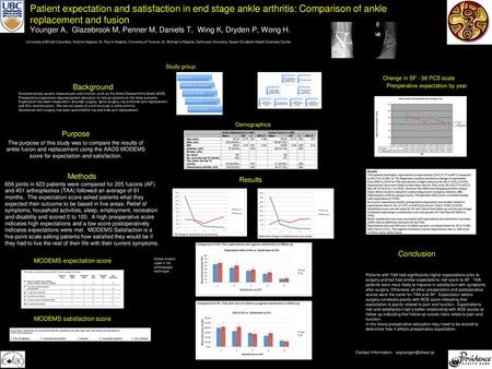 Patient expectation and satisfaction in end stage ankle arthritis: Comparison of ankle replacement and fusion Younger A, Glazebrook M, Penner M, Daniels.