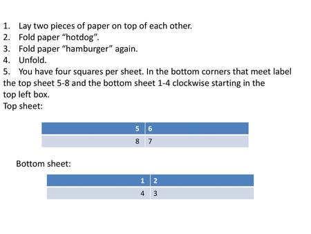 Lay two pieces of paper on top of each other. Fold paper “hotdog”.