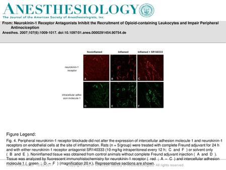 From: Neurokinin-1 Receptor Antagonists Inhibit the Recruitment of Opioid-containing Leukocytes and Impair Peripheral Antinociception Anesthes. 2007;107(6):1009-1017.