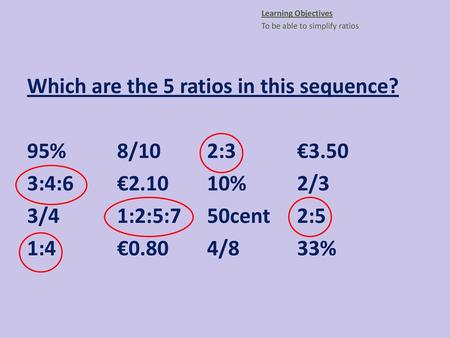 Which are the 5 ratios in this sequence? 95% 8/10 2:3 €3.50