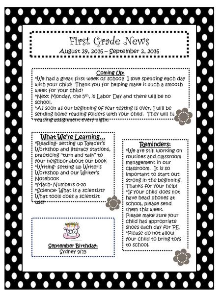 First Grade News August 29, 2016 – September 2, 2016