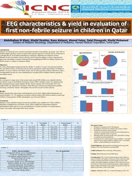 EEG characteristics & yield in evaluation of first non-febrile seizure in children in Qatar Abdulhafeez M Khair, Khalid Ibrahim, Rana Alshami, Ahmed Veten,