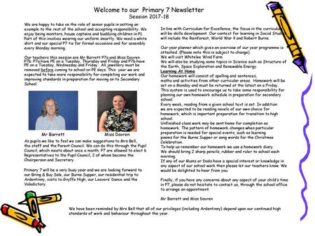 Welcome to our Primary 7 Newsletter Session