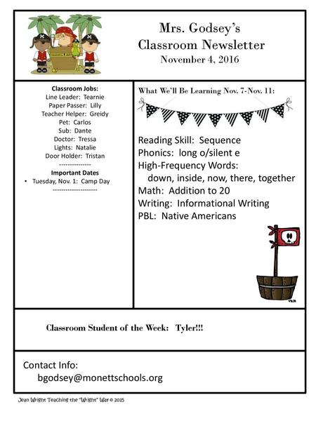 Mrs. Godsey’s Classroom Newsletter November 4, 2016