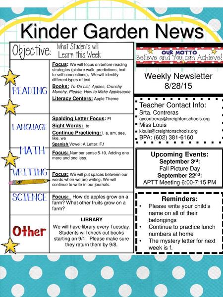 Kinder Garden News Weekly Newsletter 8/28/15