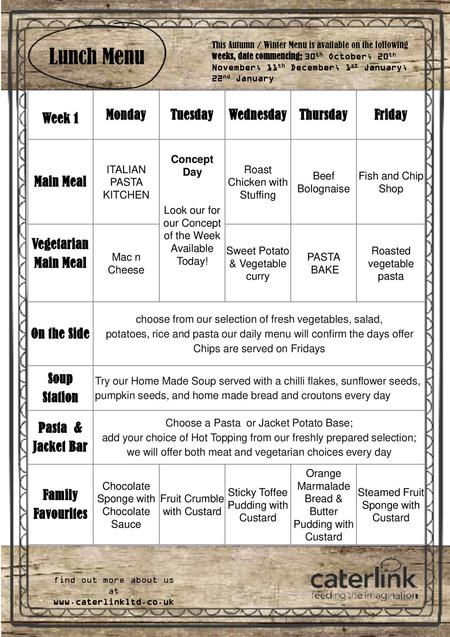 Lunch Menu Week 1 Monday Tuesday Wednesday Thursday Friday Main Meal