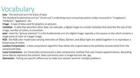 Vocabulary byte - The technical term for 8 bits of data.