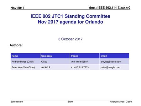 IEEE 802 JTC1 Standing Committee Nov 2017 agenda for Orlando