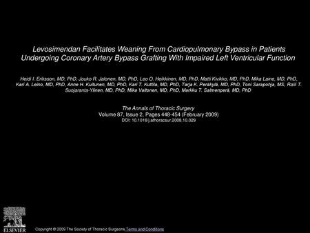 Levosimendan Facilitates Weaning From Cardiopulmonary Bypass in Patients Undergoing Coronary Artery Bypass Grafting With Impaired Left Ventricular Function 