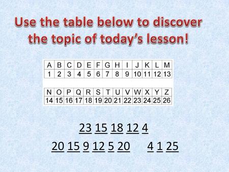 Use the table below to discover the topic of today’s lesson!