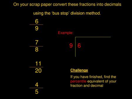 On your scrap paper convert these fractions into decimals using the ‘bus stop’ division method. 6 9 7 8 11 20 4 5 Example: 9 6 Challenge If you have.