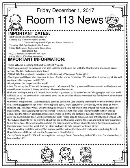 Room 113 News Friday December 1, 2017 Important dates: