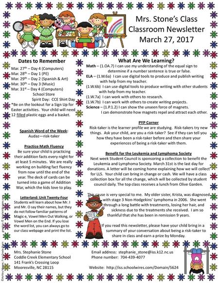 Mrs. Stone’s Class Classroom Newsletter March 27, 2017