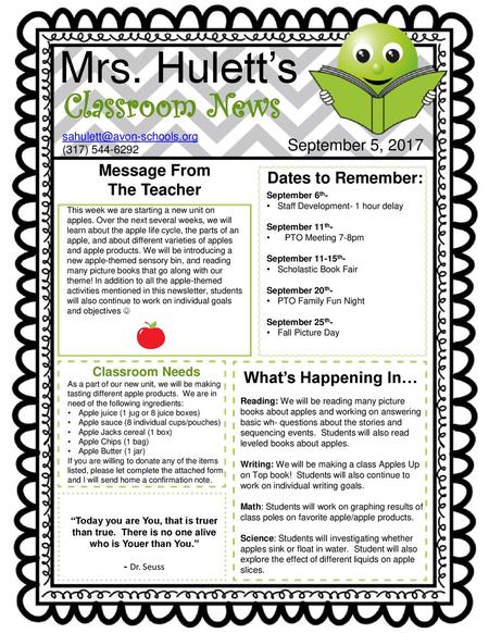 Mrs. Hulett’s Classroom News September 5, 2017 Message From