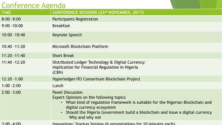 Conference Agenda TIME CONFERENCE SESSIONS (23rd NOVEMBER, 2017)