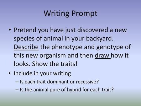 Writing Prompt Pretend you have just discovered a new species of animal in your backyard. Describe the phenotype and genotype of this new organism and.