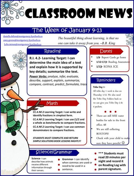 Classroom News The Week of January 9-13