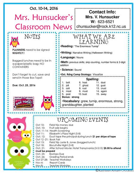 Mrs. Hunsucker’s Classroom News