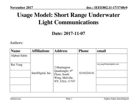 Usage Model: Short Range Underwater Light Communications