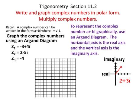 Trigonometry Section 11.2 Write and graph complex numbers in polar form. Multiply complex numbers. To represent the complex number a+ bi graphically,