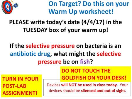 PLEASE write today’s date (4/4/17) in the TUESDAY box of your warm up!