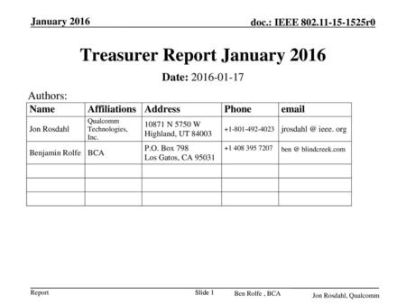 Treasurer Report January 2016