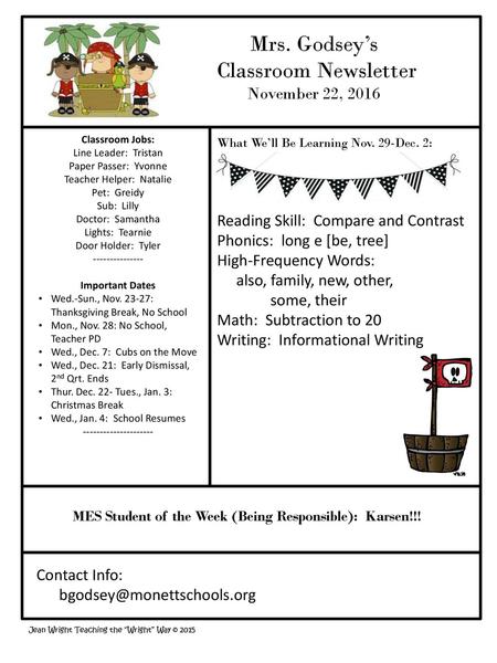 Mrs. Godsey’s Classroom Newsletter November 22, 2016