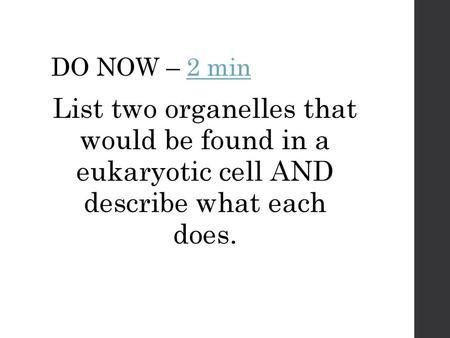 DO NOW – 2 min List two organelles that would be found in a eukaryotic cell AND describe what each does.