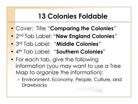 13 Colonies Foldable Cover: Title “Comparing the Colonies”