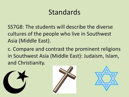 Standards SS7G8: The students will describe the diverse cultures of the people who live in Southwest Asia (Middle East). c. Compare and contrast the prominent.