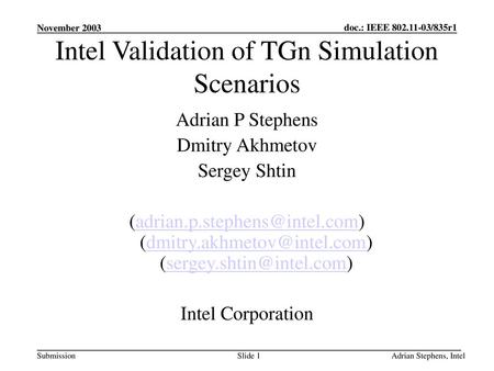 Intel Validation of TGn Simulation Scenarios