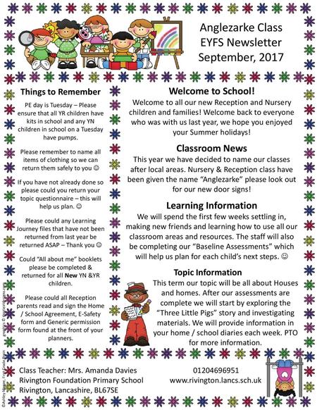 Anglezarke Class EYFS Newsletter September, 2017 Welcome to School!