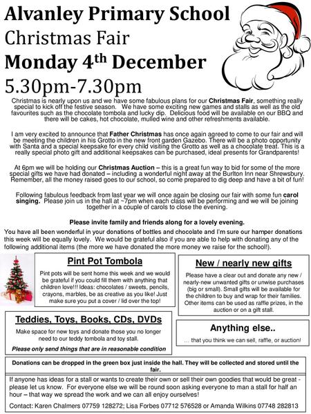 Alvanley Primary School Christmas Fair Monday 4th December 5. 30pm-7