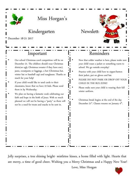 Miss Horgan’s Kindergarten Newsletter December