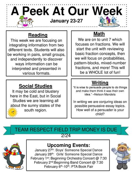 A Peek At Our Week January Math Reading Writing Social Studies