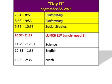 “Day D” September 22, :51 - 8:51 Exploratory 8:53 - 9:53