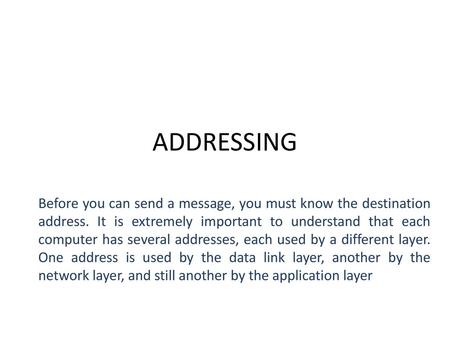 ADDRESSING Before you can send a message, you must know the destination address. It is extremely important to understand that each computer has several.