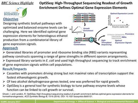 BRC Science Highlight OptSSeq: High-Throughput Sequencing Readout of Growth Enrichment Defines Optimal Gene Expression Elements Objective Designing synthetic.