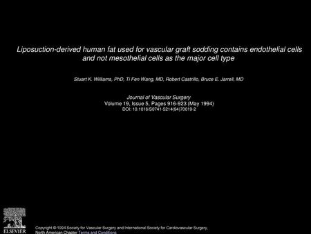 Liposuction-derived human fat used for vascular graft sodding contains endothelial cells and not mesothelial cells as the major cell type  Stuart K. Williams,