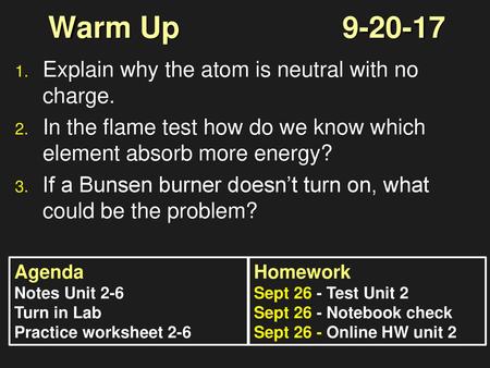 Warm Up Explain why the atom is neutral with no charge.